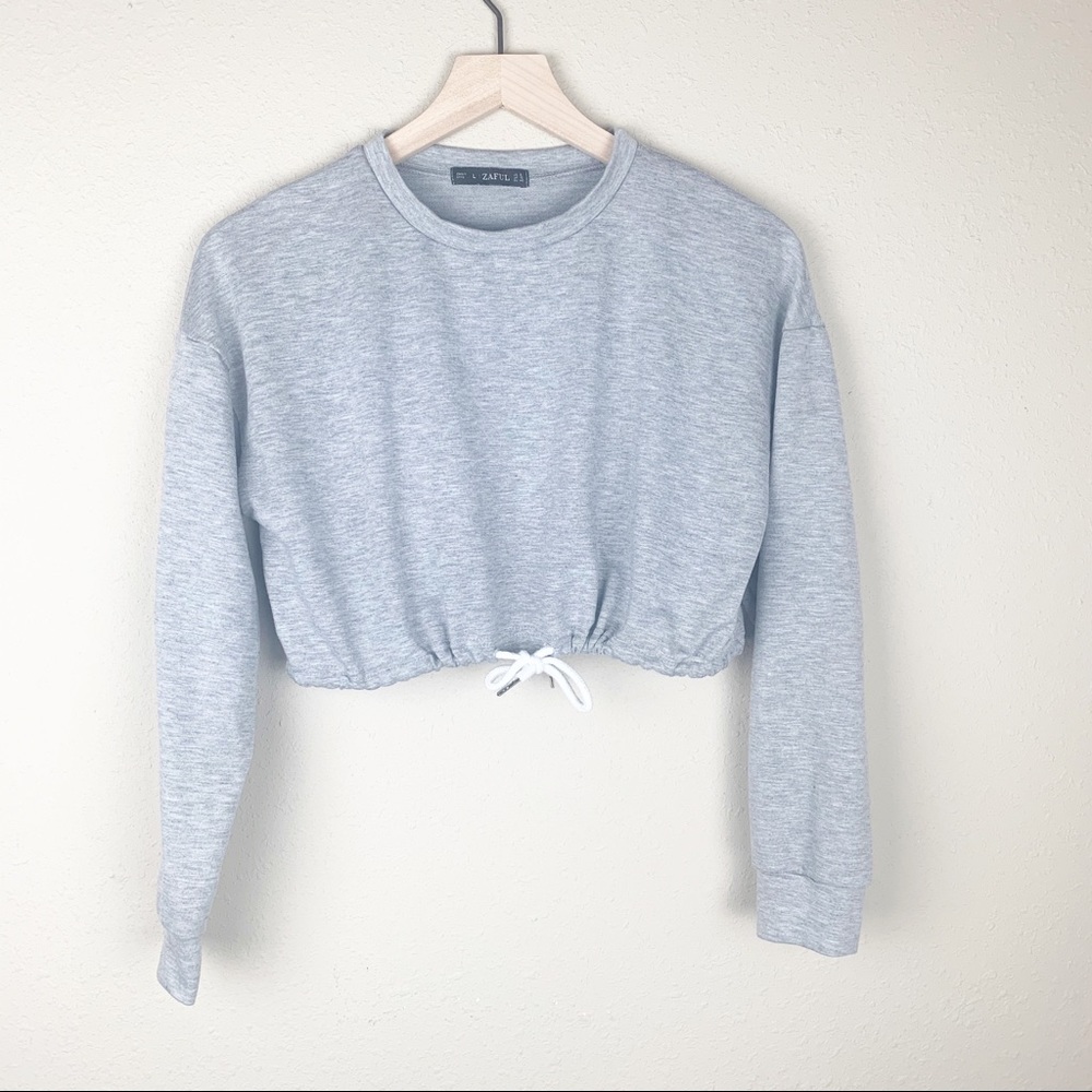 3/$20 Grey cropped sweater with bottom drawstring